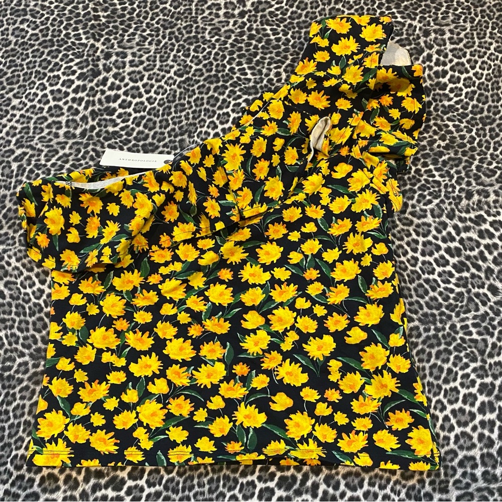 Anthropologie Maeve One-Shoulder Ruffled Top NWT Medium Floral Yellow Flowers - Picture 10 of 11
